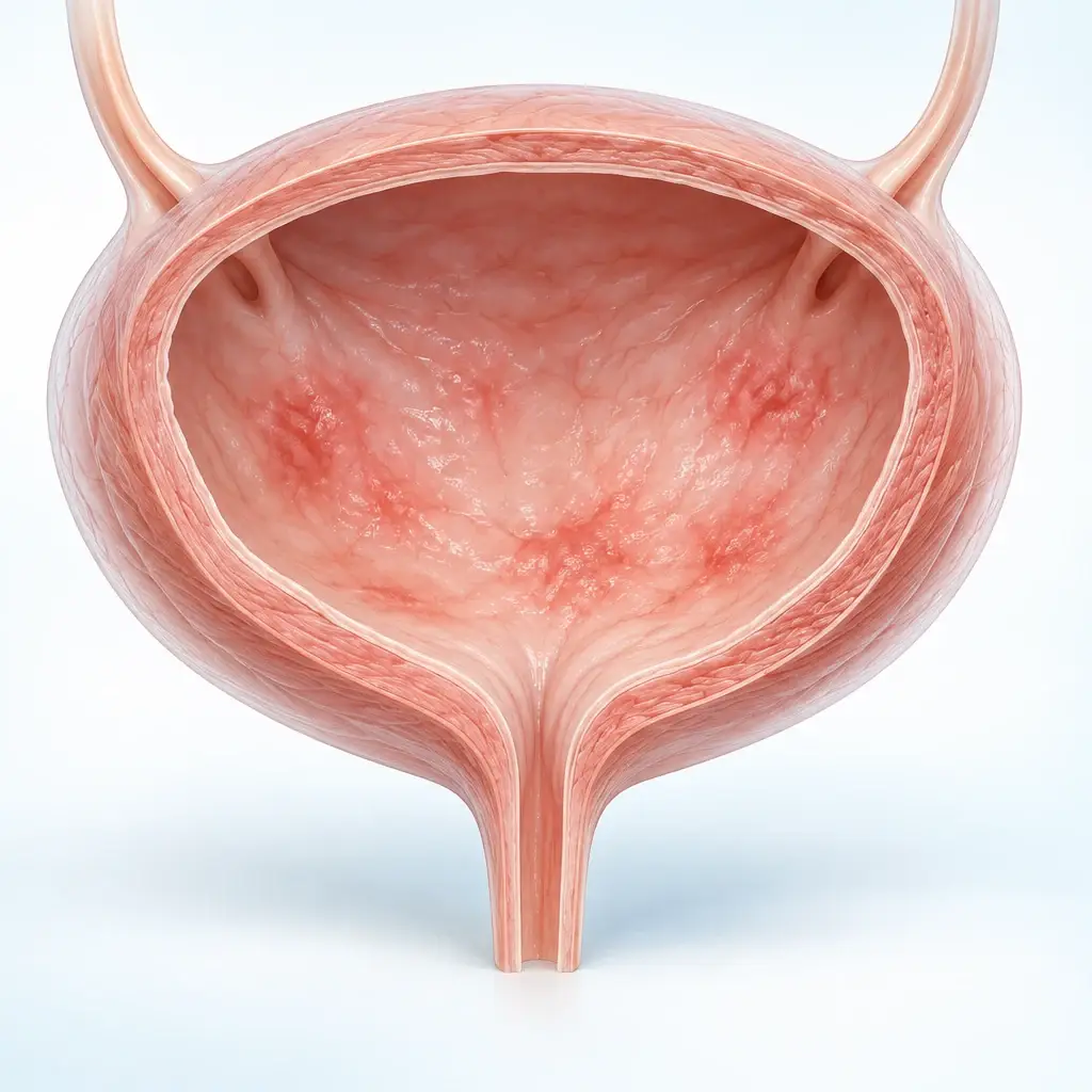 방광 절개 단면의 내부 점막 자극과 염증 부위를 표현한 3D 의학 일러스트
